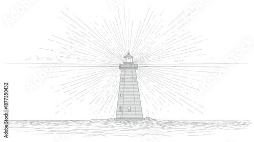 Black and white illustration of a lighthouse shining light over the sea with sunburst effect
