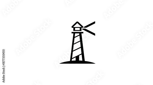 A stylized black and white illustration of a lighthouse. It stands on a mound with light beams