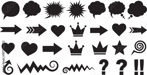 Collection of various black speech bubbles and punctuation icons on white background