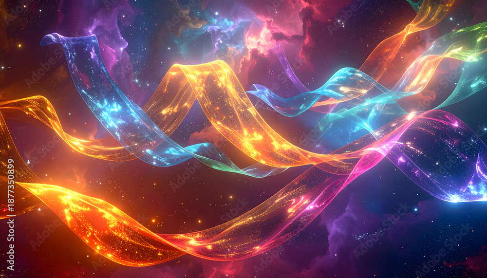 Obraz premium カラフルな光のリボンが舞う空間