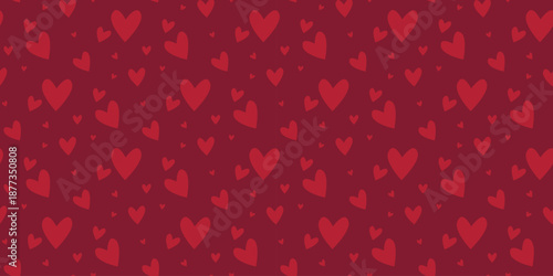 Cute hand drawn hearts on red seamless pattern. Passionate Valentines Day background. Romantic beautiful print for textiles, wallpaper, packaging, tiles, paper, design. Vector graphic