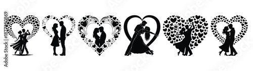 Silhouettes of dancing couples surrounded by decorative heart shapes for romance