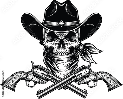 Wild west outlaw cowboy skull with bandana and crossed revolvers vintage engraving style vector illustration isolated on white background