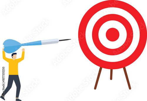 Business target concept. Aiming for big goal, challenge to achieve target, success or accuracy, ambition or determination to reach, businessman throwing huge dart, aiming to hit dartboard bullseye

