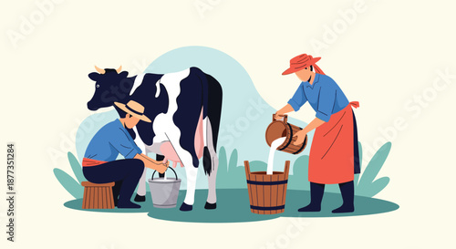 Farmers working on a dairy farm, with one person milking a holstein cow by hand into a pail and another pouring fresh milk into a bucket.