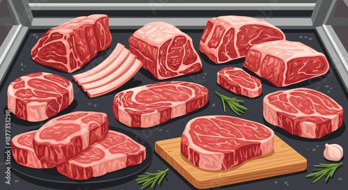 Variety of fresh raw beef cuts including ribeye, sirloin, and t-bone steaks displayed at a butcher shop with rosemary and garlic garnish.