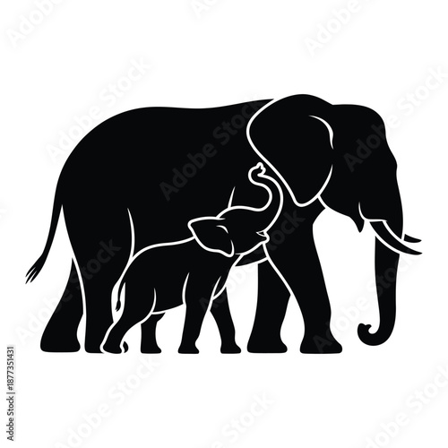 Elephant family with calf Vector, Silhouette, Illustration