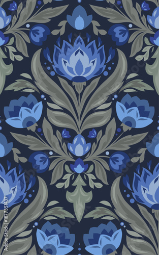 Vector pattern with blue flowers on a dark background. Tracery bloom. Decorative seamless floral texture for fabric, wallpaper, wrapping paper, fabric