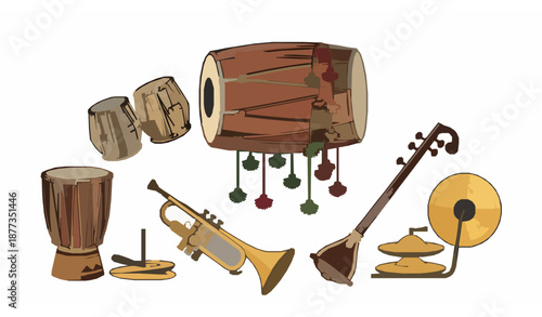 Traditional Indian wedding baja music instruments vector set for Hindu marriage celebration