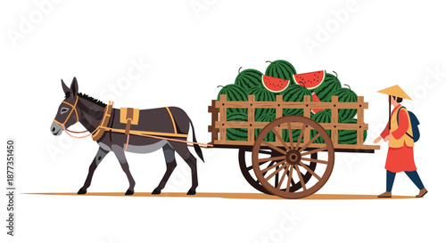Asian farmer in a traditional conical hat walking beside a donkey pulling a wooden two-wheeled cart loaded with fresh watermelons.