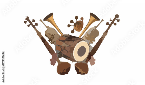 Decorative Indian wedding baja music vector illustration featuring traditional Hindu marriage instruments