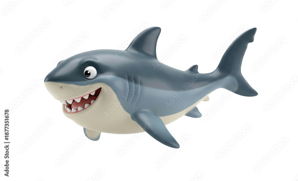 Obraz premium 3D render cartoon shark character with open mouth and teeth, gray and white sea animal mascot, Isolated on transparent background, png
