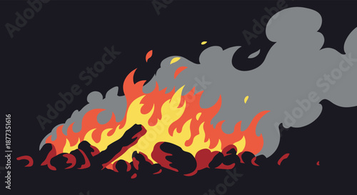 Roaring campfire with bright orange and yellow flames, burning logs, and rising gray smoke against a dark night background vector art.
