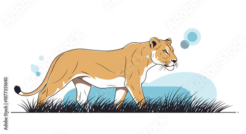 Graceful lioness walking through tall savanna grass with a modern, stylized background of blue and white abstract shapes.