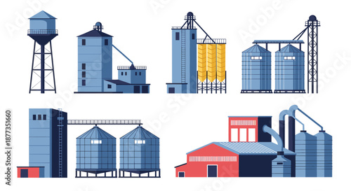Set of various grain elevator and silo buildings for agricultural storage and processing, representing the farming industry.