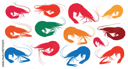 Collection of colorful shrimp and prawn silhouettes with a textured, brush stroke effect, isolated on a clean white background.