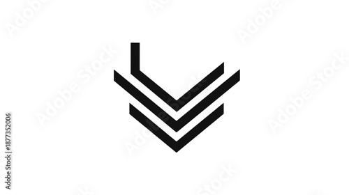 A minimalist, abstract design featuring a black, angular graphic on a white background