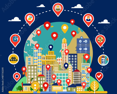 Vibrant cityscape with location markers and global connections