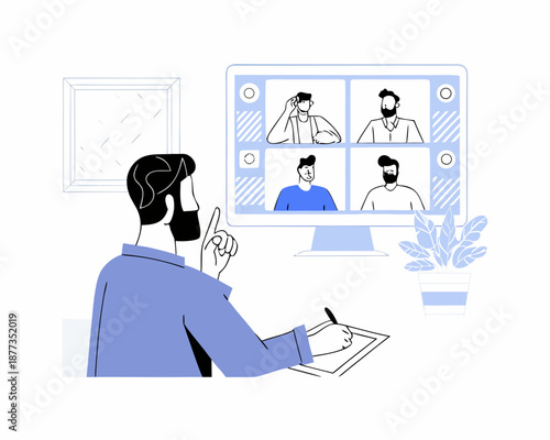 Man in blue shirt participating in virtual meeting on computer