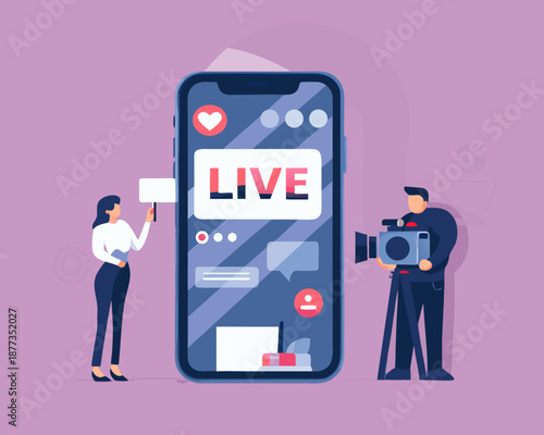 Businesswoman and cameraman preparing for live social media broadcast