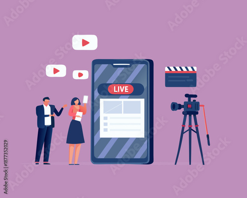 Business professionals creating live video content on smartphone