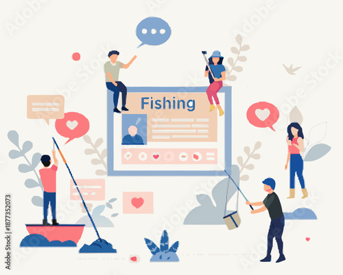 People fishing online with social media and heart icons around