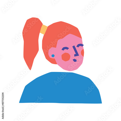 Naive girl character with friendly mood, vector flat cartoon illustration in simple bright style. Cute red haired childlike character for kids design, education, books and playful projects