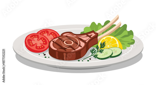 Grilled pork chop steak served on a white plate with fresh vegetable garnish of tomatoes, cucumber, lemon, and lettuce.