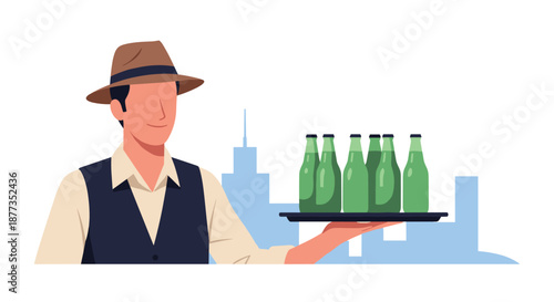 Waiter wearing a fedora hat and vest holds a tray with six green bottles of soda or beer against a city skyline.