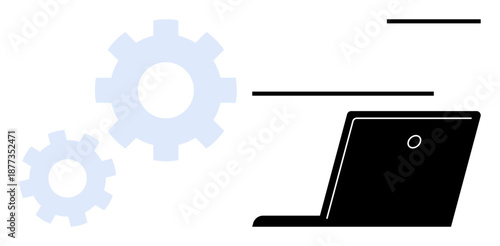 Software development, technical workflow, automation, digital tools, project management, teamwork. Black laptop with white gear icons on a clean background. Software development and automation