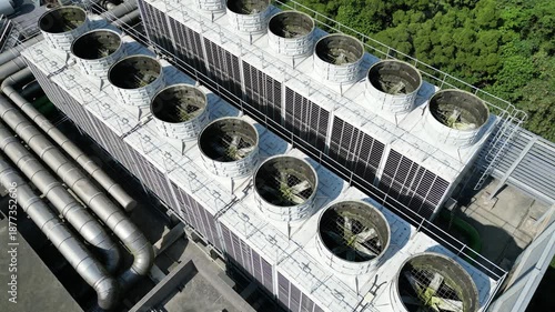 Aerial view of rooftop cooling towers for AI data center and cloud computing facility.