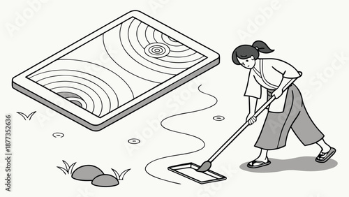 Zen Garden Creator: An illustration of a woman meticulously tending to a Zen garden, showcasing the art of balance and the essence of mindfulness.