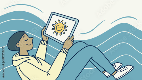 Digital sunshine: A person, reclined and relaxed, holds a tablet displaying a cheerful sun icon, evoking feelings of serenity and modern connectivity.