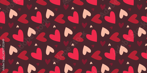 Hand drawn scattered hearts seamless pattern. Different sized hearts Valentines Day background. Thematic beautiful print for textiles, wallpaper, packaging, tiles, paper, design. Vector graphic