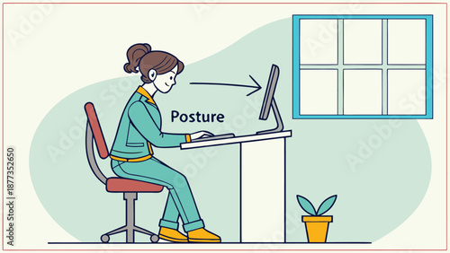 Ergonomic Workplace: A person working on a computer demonstrates the proper posture for comfort and efficiency, promoting a healthy and productive work environment.