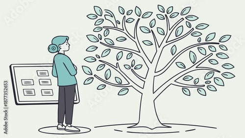 The Roots of Kin: An artistic portrayal of an individual gazing upon a genealogical tree, representing lineage and family heritage.