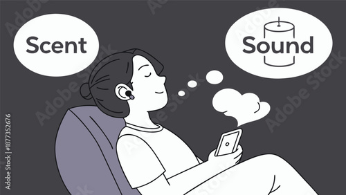 Serene Sensory Journey: A person, reclined and at ease, experiences a tranquil moment, enhanced by the harmonious interplay of scent and sound. 