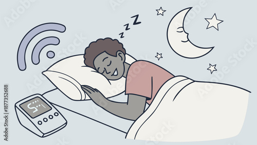 Sleeping in the digital world: a man sleeps peacefully, the background filled with wifi, moon and alarm clock