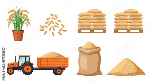 Agricultural set showing the rice production process, from the plant in a pot to harvested grains, storage sacks, and transport.