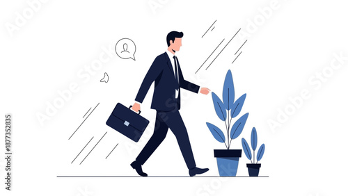 Businessman walking with briefcase near potted plants, career growth concept