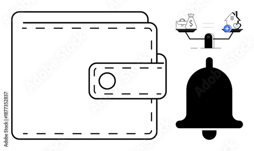 Financial management icon. Wallet with scales money balance and savings, accompanied by notification bell for updates. Financial management for budgeting, alerts, savings plans, apps, and fintech