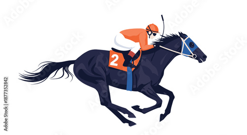 Jockey in an orange uniform riding a fast-galloping dark horse during a horse race, with the number two on the saddle.