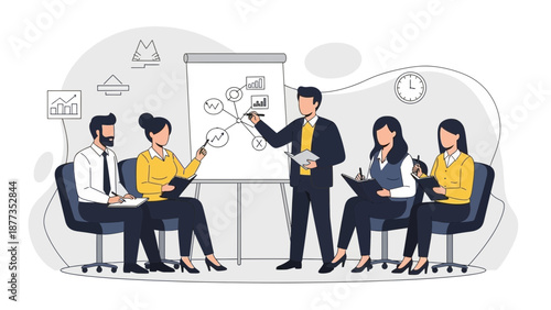 Business meeting, team brainstorming, presentation with flip chart, planning strategy, teamwork