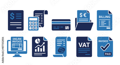 Set of 10 finance icons vector, accounting and billing symbols