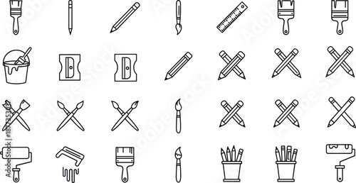 Art and painting tool icon set with brushes, pencils, rulers and rollers, minimal black outline drawing supplies for creative, school and design projects isolated on white background