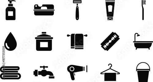 Bathroom and hygiene icons set, soap razor toothbrush towel bathtub and toiletries symbols, black vector silhouettes for web, app, infographic, and user interface design