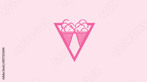 A pink geometric design of an ice cream cone shape filled with scoops of ice cream