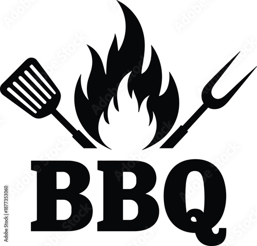 BBQ grill logo with flame, spatula and fork, barbecue cooking emblem, black silhouette icon for restaurant branding, outdoor grilling and food branding