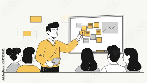 Business presentation, team meeting, and brainstorming session with sticky notes