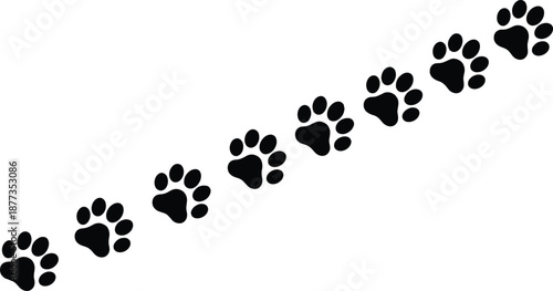 Black dog paw prints trail illustration, pet footprint path isolated on white background for animal tracking, veterinary branding, pet care design
